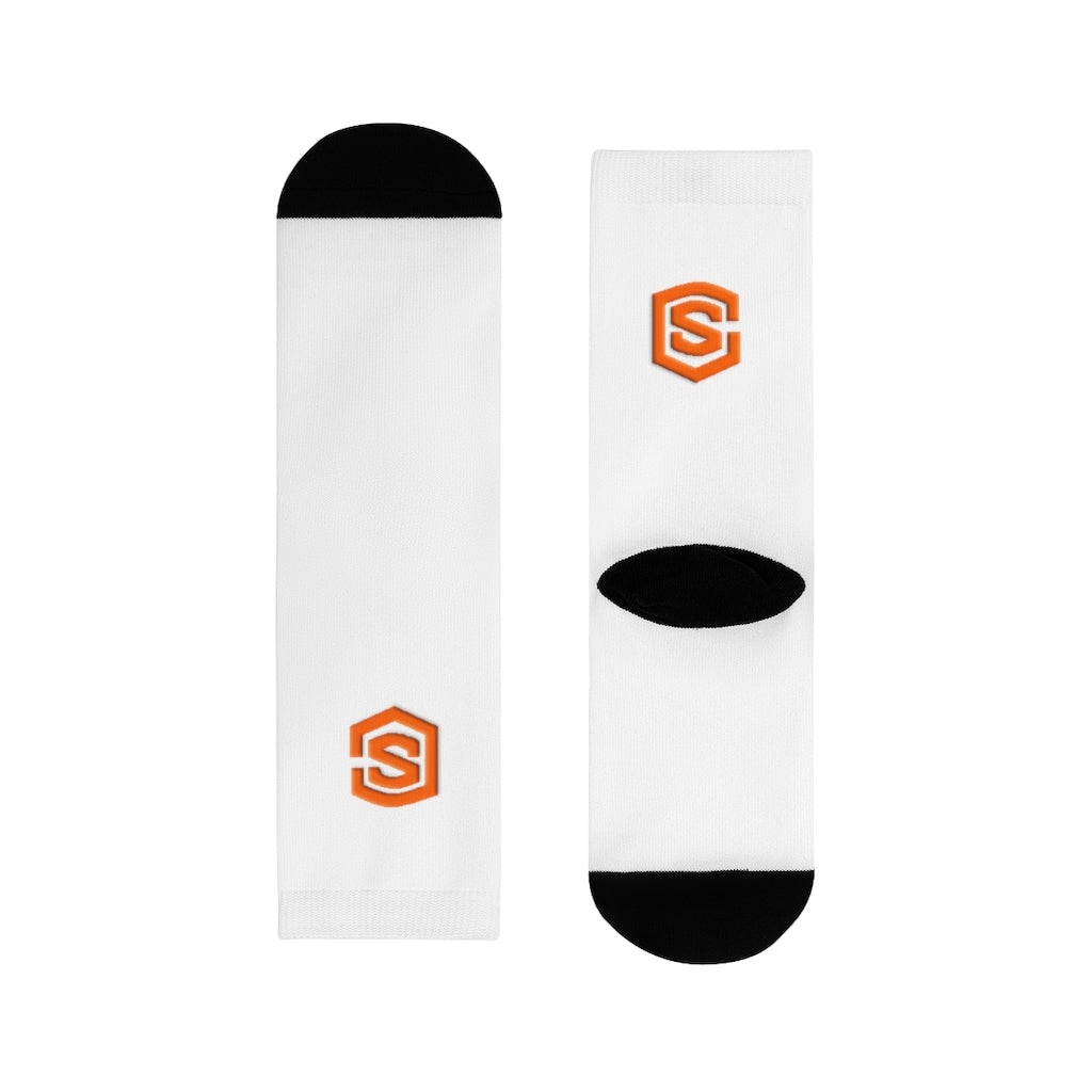 White Sublimation Crew Socks (EU) Orange Logo