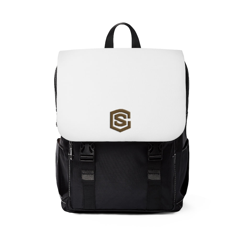White Unisex Casual Shoulder Backpack Brown logo
