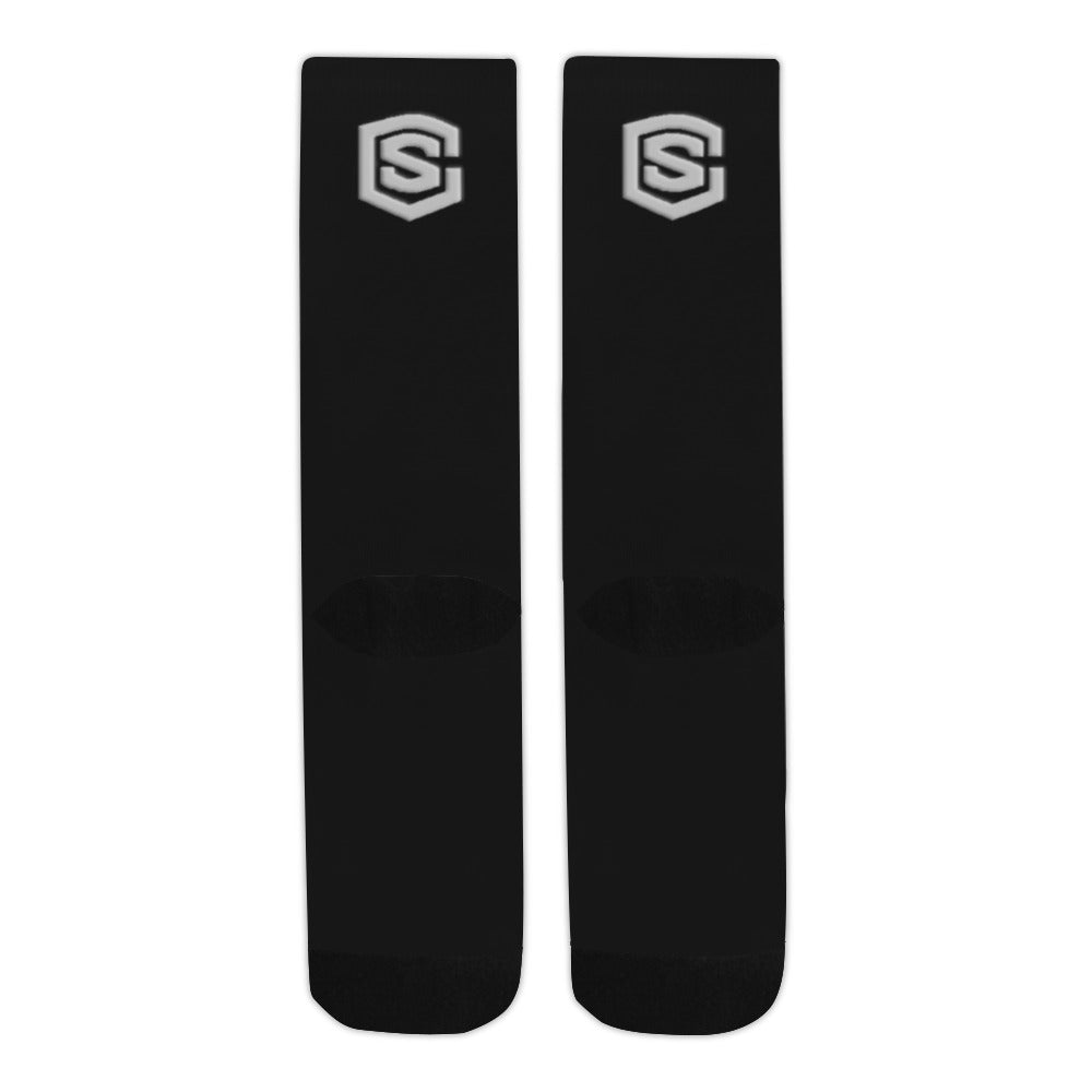 Black Sublimated Crew Socks (Made In USA) with Silver Logo Sublimated Crew Socks (Made In USA)