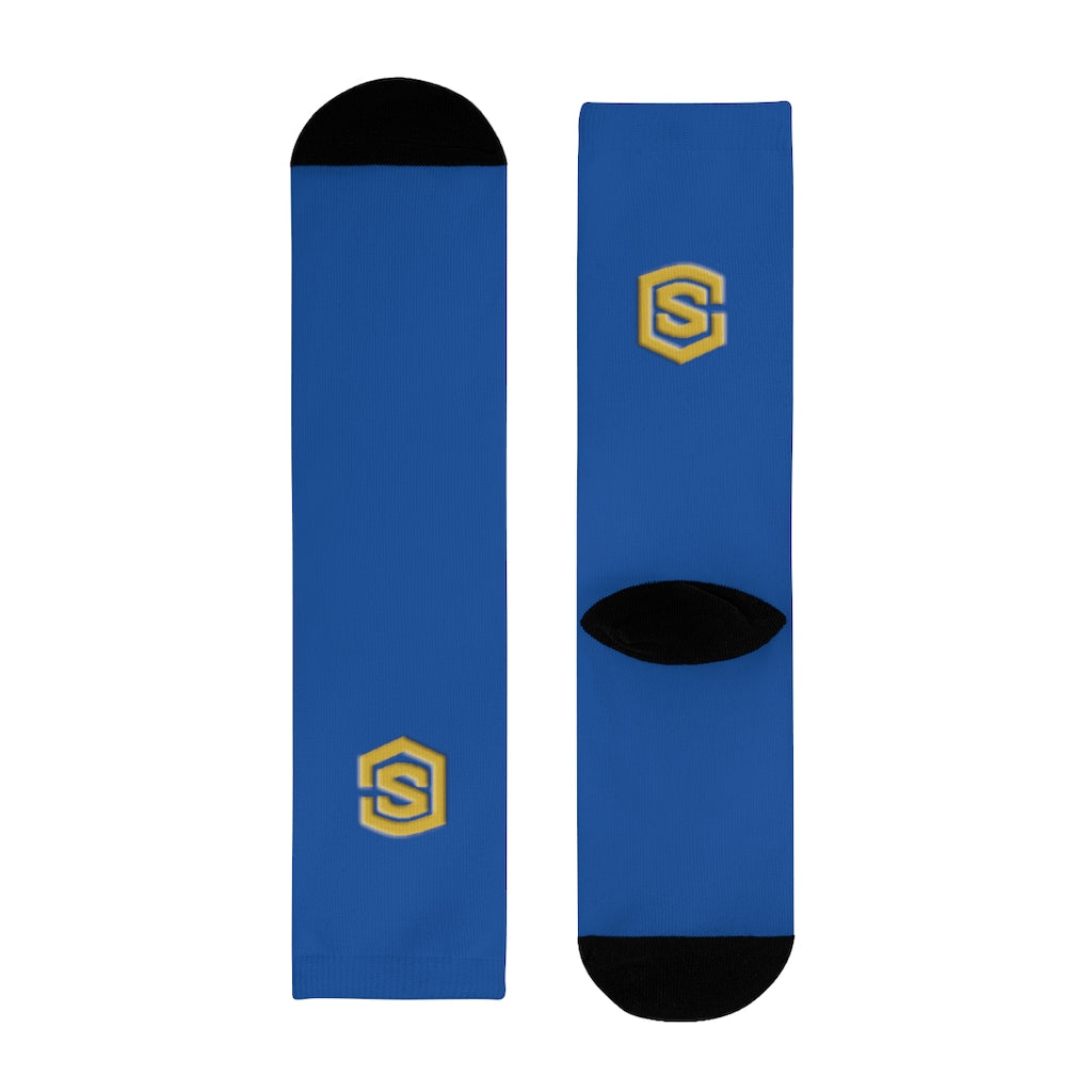 Blue Sublimation Crew Socks (EU) Gold Logo
