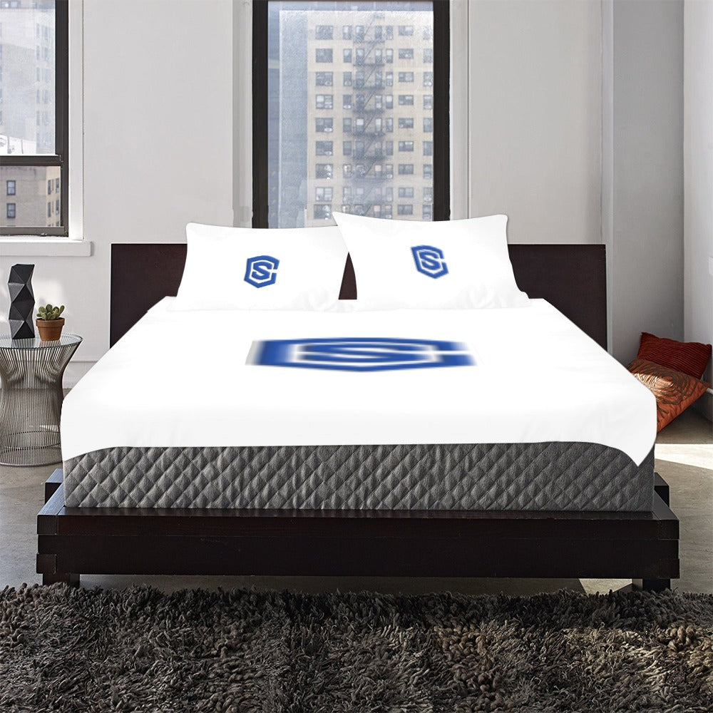 White  3-Piece Bedding Set (1 Duvet Cover 86"x70"; 2 Pillowcases 20"x30")(One Side) wtih Blue Logo 3-Piece Bedding Set (1 Duvet Cover 86"x70"; 2 Pillowcases 20"x30")(One Side)