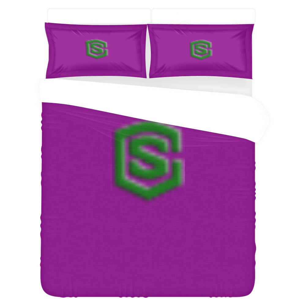Purple 3-Piece Bedding Set (1 Duvet Cover 86"x70"; 2 Pillowcases 20"x30")(One Side) wtih Green Logo 3-Piece Bedding Set (1 Duvet Cover 86"x70"; 2 Pillowcases 20"x30")(One Side)