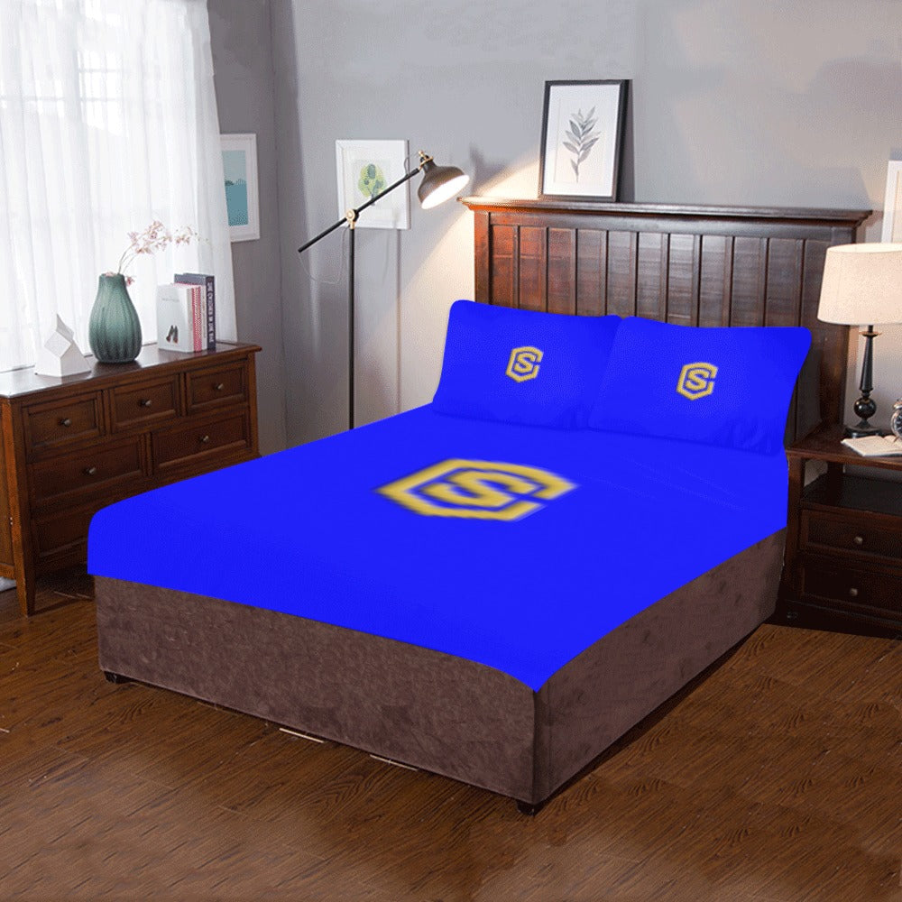 Blue 3-Piece Bedding Set (1 Duvet Cover 86"x70"; 2 Pillowcases 20"x30")(One Side) wtih Gold Logo 3-Piece Bedding Set (1 Duvet Cover 86"x70"; 2 Pillowcases 20"x30")(One Side)