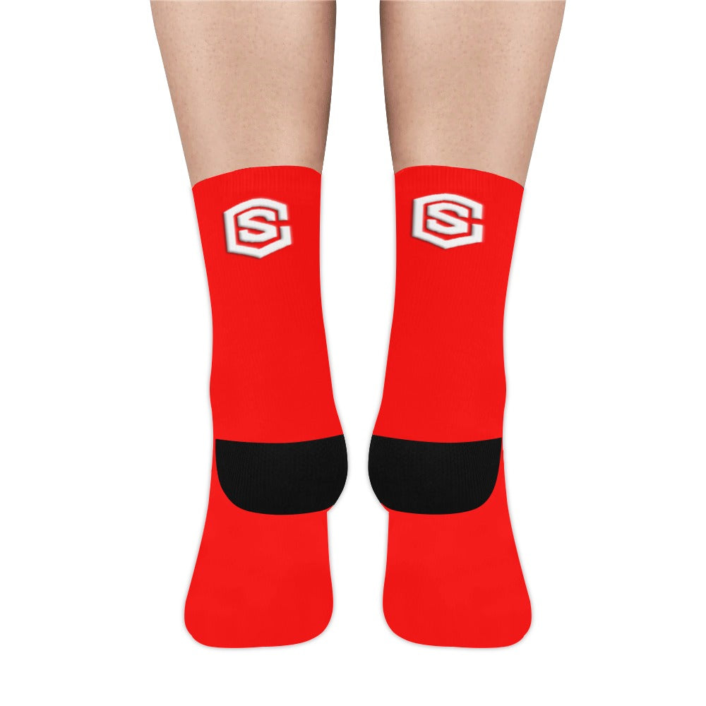 Red Sublimated Crew Socks (Made In USA) with White Logo Sublimated Crew Socks (Made In USA)