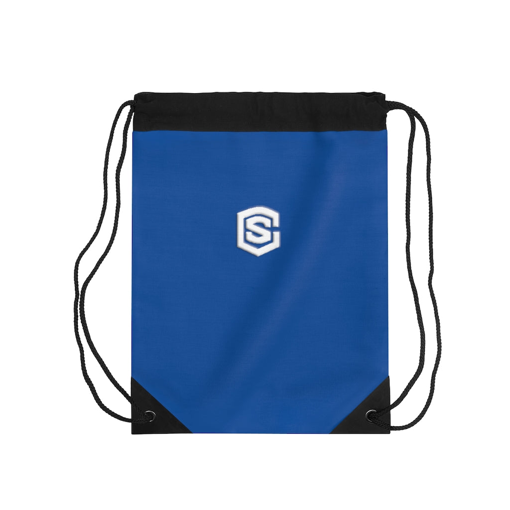 Blue Drawstring Bag White logo
