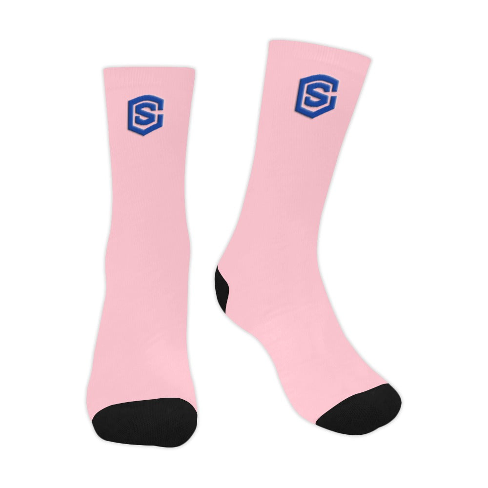 Pink Sublimated Crew Socks (Made In USA) with Blue Logo Sublimated Crew Socks (Made In USA)