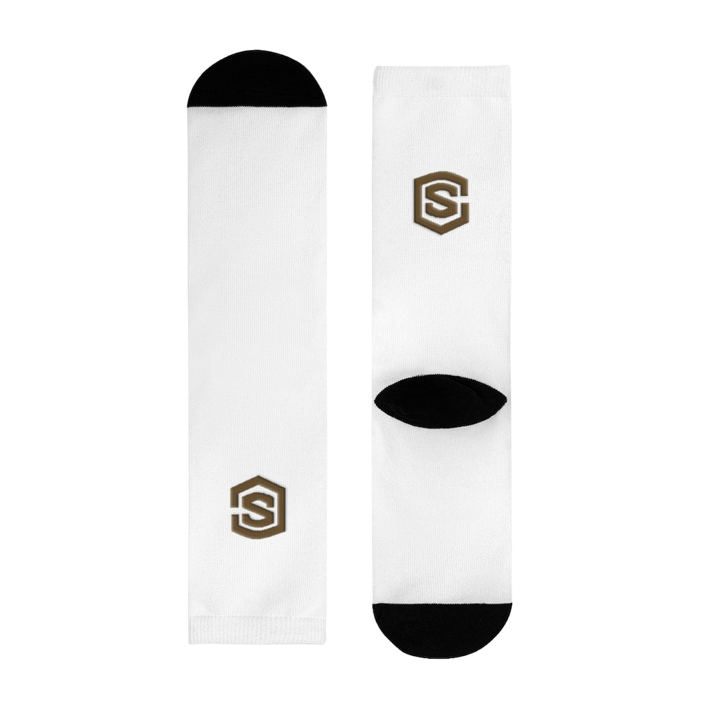 White Sublimation Crew Socks (EU) Brown Logo