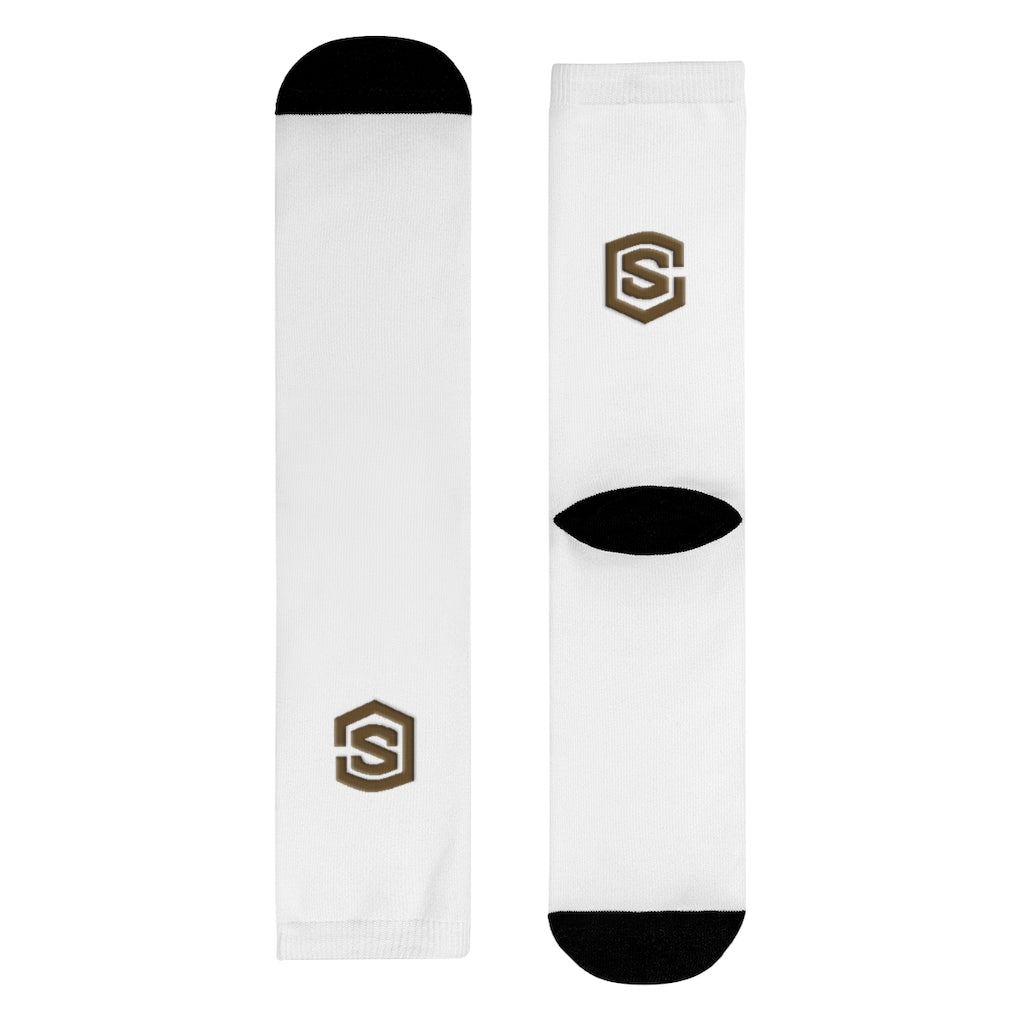 White Sublimation Crew Socks (EU) Brown Logo
