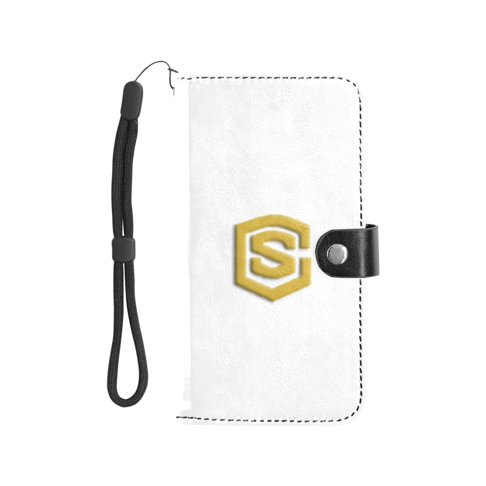 White Flip Leather Purse for Mobile Phone(Model1703)(Large) with Gold Logo Flip Leather Purse for Mobile Phone(Model1703)(Large)