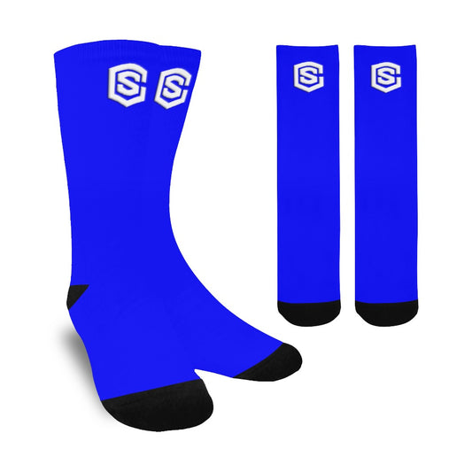 Blue Sublimated Crew Socks (Made In USA) with White Logo Sublimated Crew Socks (Made In USA)