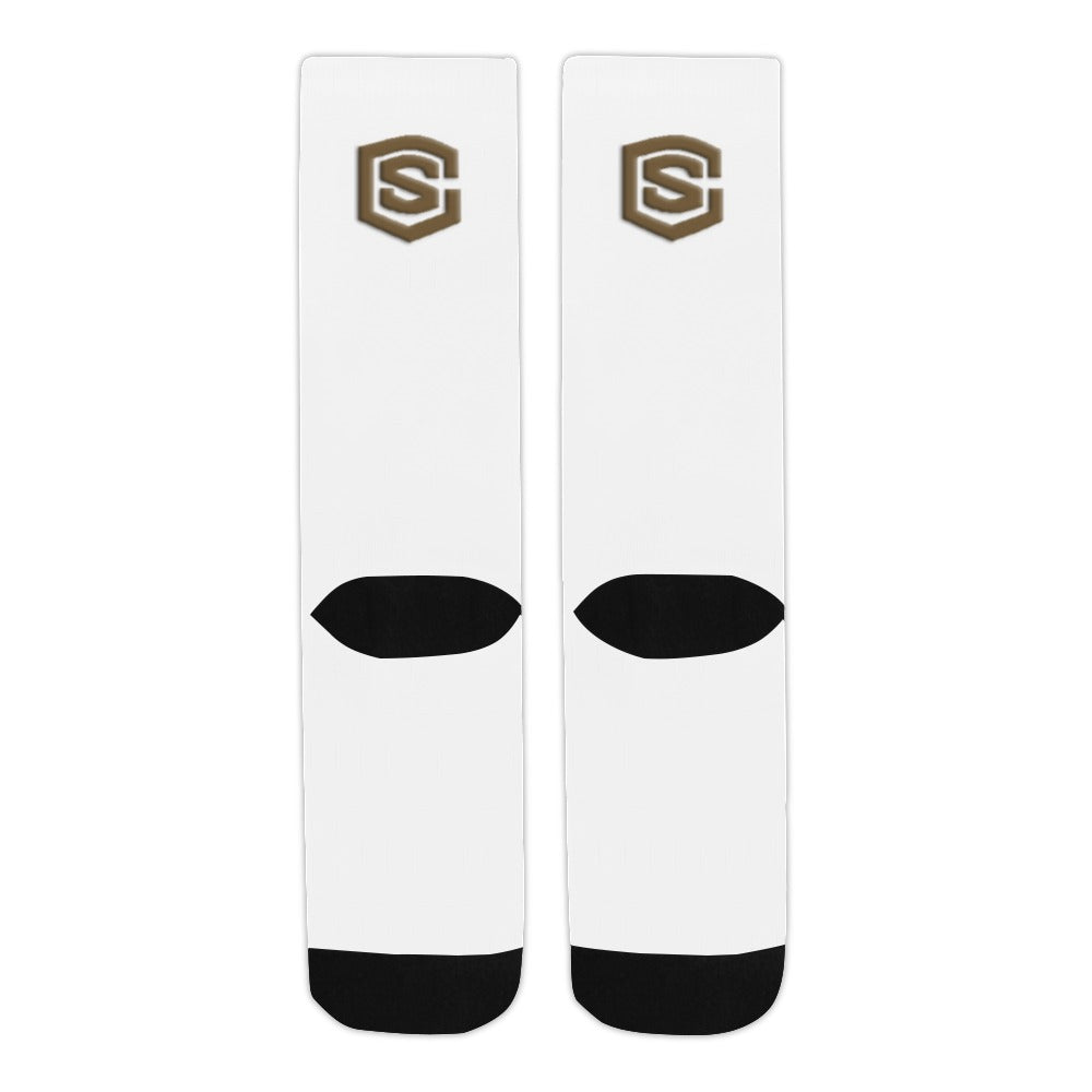 White Sublimated Crew Socks (Made In USA) with Brown Logo Sublimated Crew Socks (Made In USA)