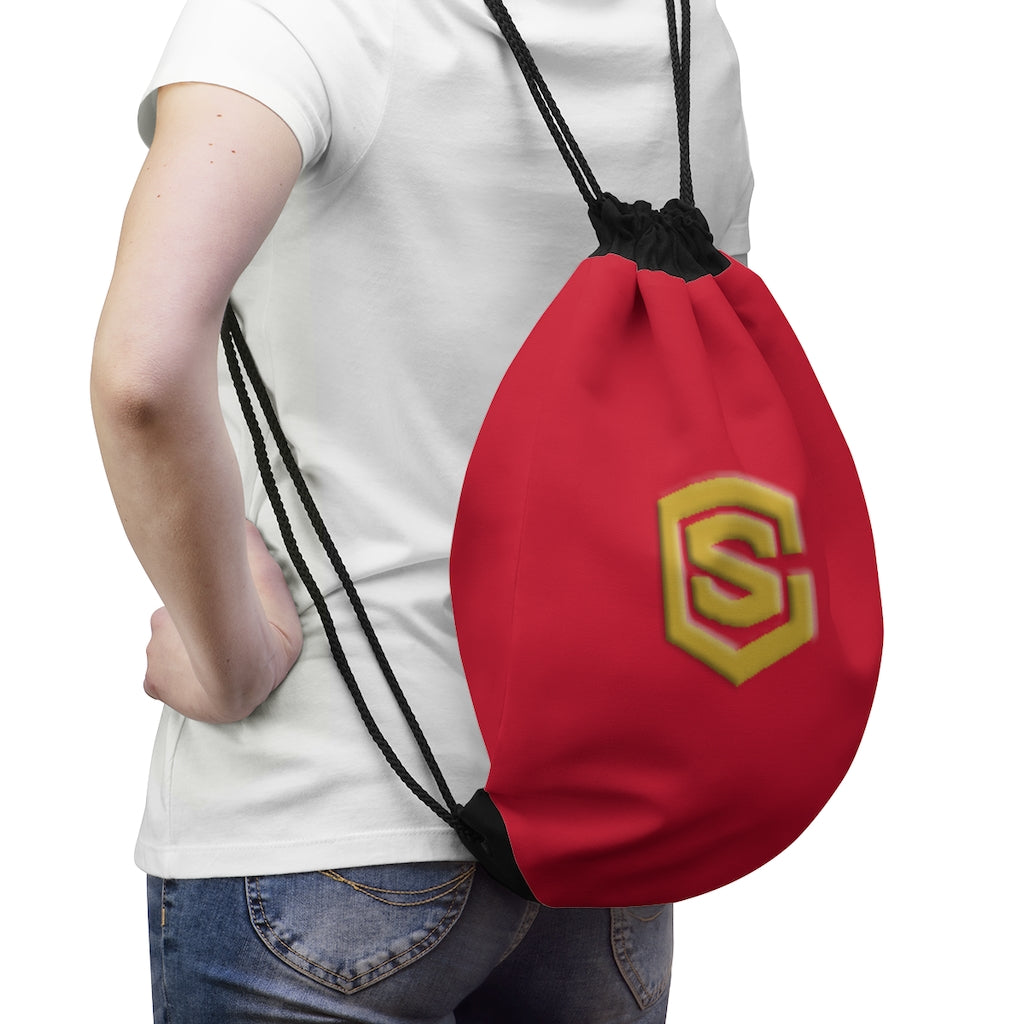 Red Drawstring Bag Gold logo