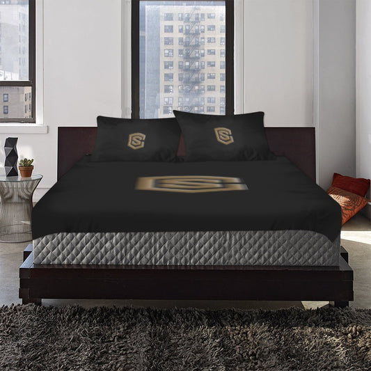 Black 3-Piece Bedding Set (1 Duvet Cover 86"x70"; 2 Pillowcases 20"x30")(One Side) wtih Brown Logo 3-Piece Bedding Set (1 Duvet Cover 86"x70"; 2 Pillowcases 20"x30")(One Side)