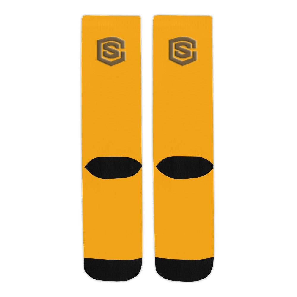 Orange Sublimated Crew Socks (Made In USA) with Brown Logo Sublimated Crew Socks (Made In USA)