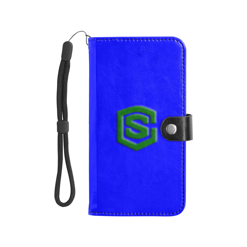 Blue Flip Leather Purse for Mobile Phone(Model1703)(Large) with Green Logo Flip Leather Purse for Mobile Phone(Model1703)(Large)