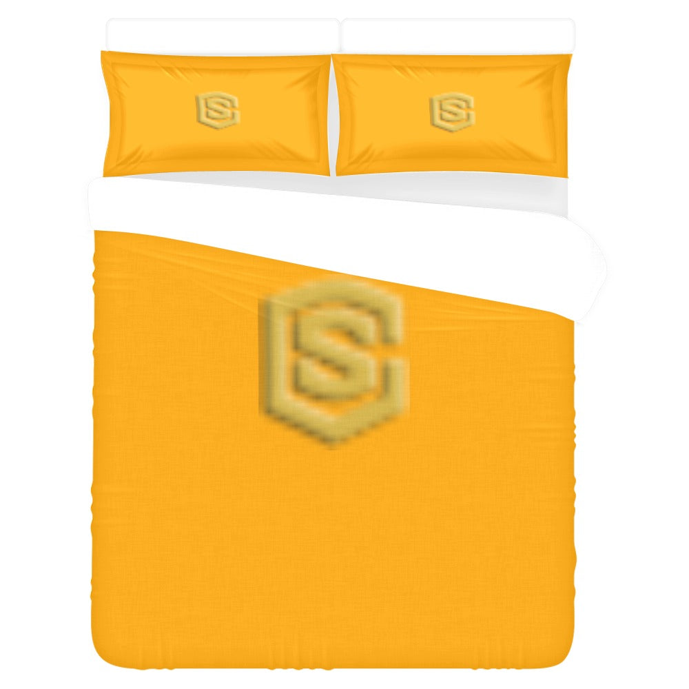 Orange 3-Piece Bedding Set (1 Duvet Cover 86"x70"; 2 Pillowcases 20"x30")(One Side) wtih Gold Logo 3-Piece Bedding Set (1 Duvet Cover 86"x70"; 2 Pillowcases 20"x30")(One Side)