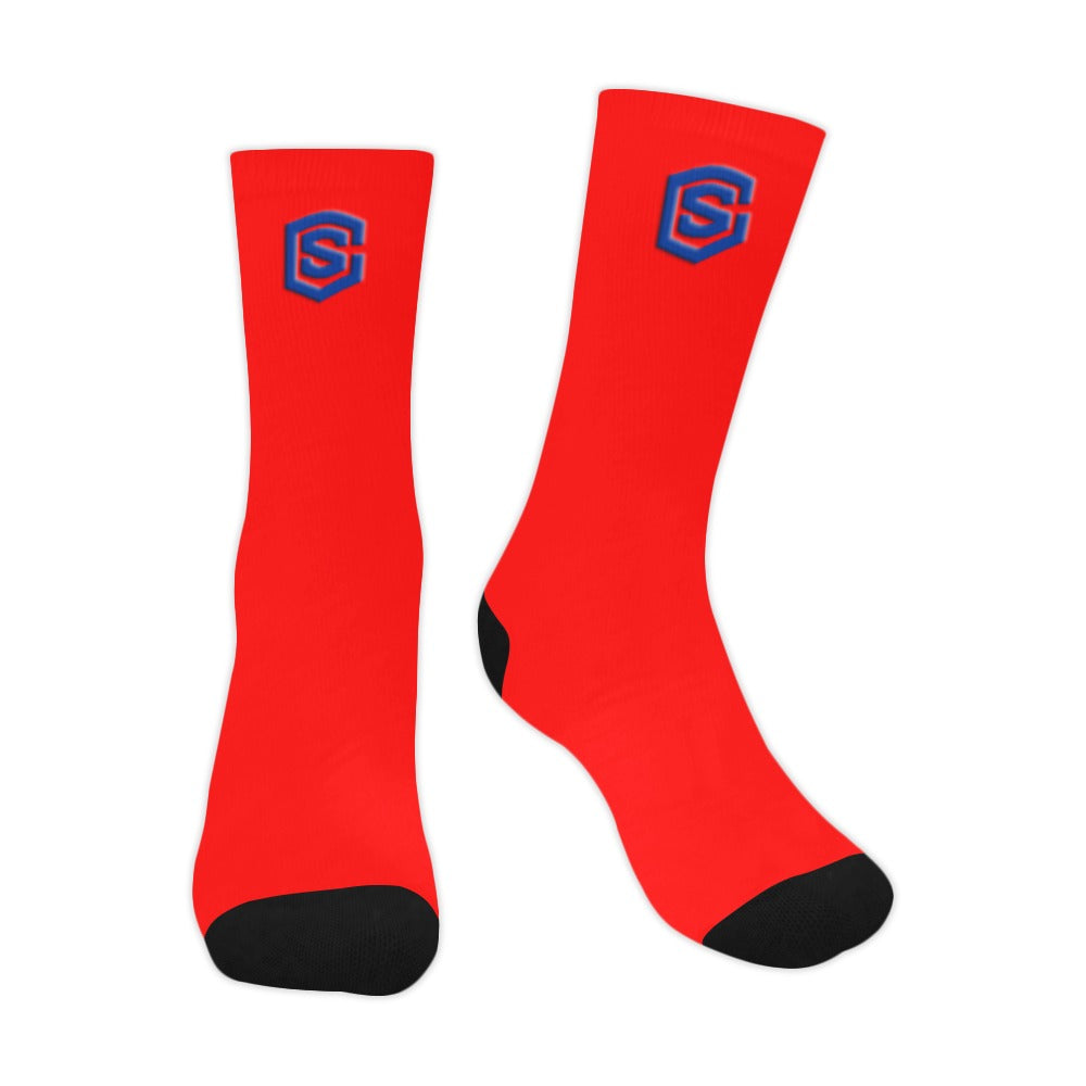 Red Sublimated Crew Socks (Made In USA) with Blue Logo Sublimated Crew Socks (Made In USA)