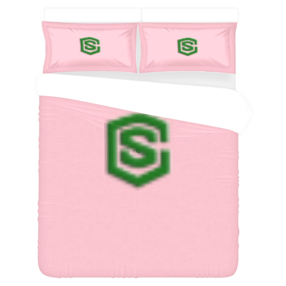 Pink 3-Piece Bedding Set (1 Duvet Cover 86"x70"; 2 Pillowcases 20"x30")(One Side) wtih Green Logo 3-Piece Bedding Set (1 Duvet Cover 86"x70"; 2 Pillowcases 20"x30")(One Side)