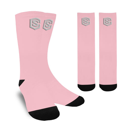 Pink Sublimated Crew Socks (Made In USA) with Silver Logo Sublimated Crew Socks (Made In USA)