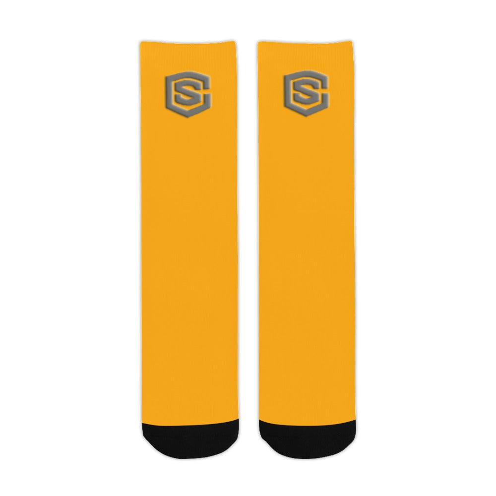 Orange Sublimated Crew Socks (Made In USA) with Gray Logo Sublimated Crew Socks (Made In USA)