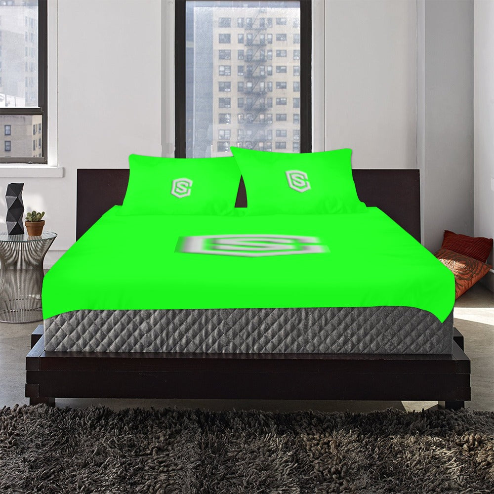 Green 3-Piece Bedding Set (1 Duvet Cover 86"x70"; 2 Pillowcases 20"x30")(One Side) wtih Silver Logo 3-Piece Bedding Set (1 Duvet Cover 86"x70"; 2 Pillowcases 20"x30")(One Side)