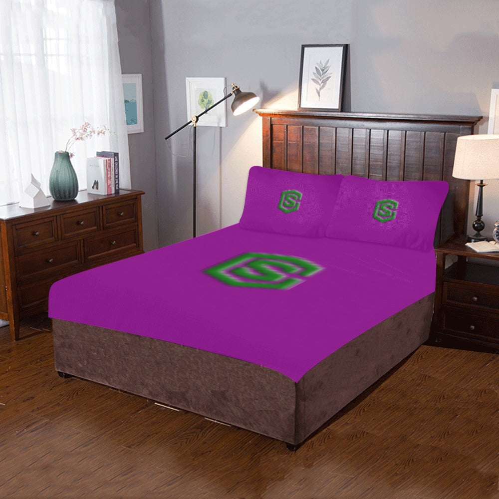 Purple 3-Piece Bedding Set (1 Duvet Cover 86"x70"; 2 Pillowcases 20"x30")(One Side) wtih Green Logo 3-Piece Bedding Set (1 Duvet Cover 86"x70"; 2 Pillowcases 20"x30")(One Side)