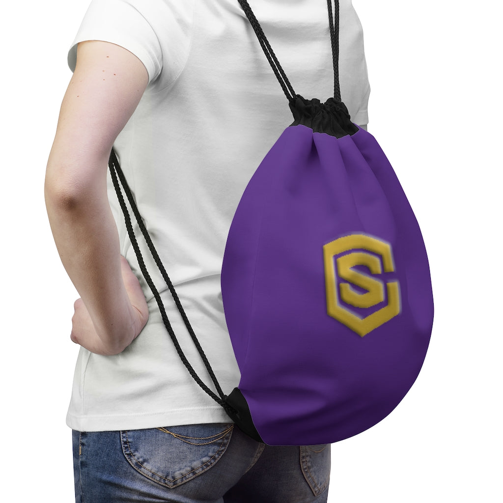 Purple Drawstring Bag Gold logo