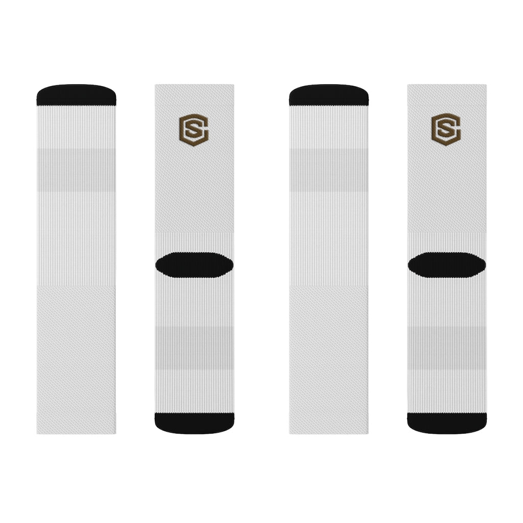 White Sublimation Socks Brown Logo