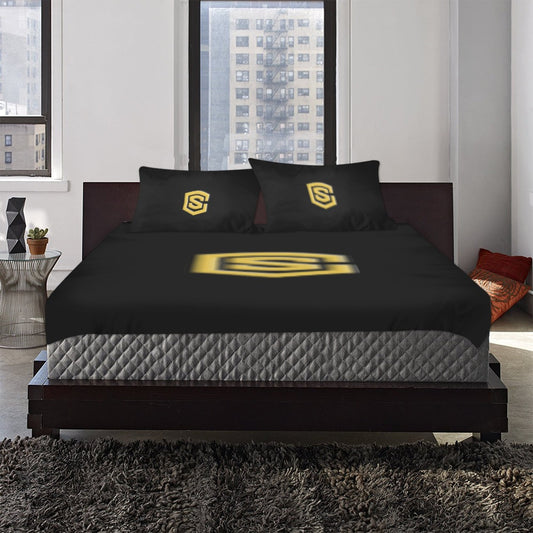 Black 3-Piece Bedding Set (1 Duvet Cover 86"x70"; 2 Pillowcases 20"x30")(One Side) wtih Gold Logo 3-Piece Bedding Set (1 Duvet Cover 86"x70"; 2 Pillowcases 20"x30")(One Side)