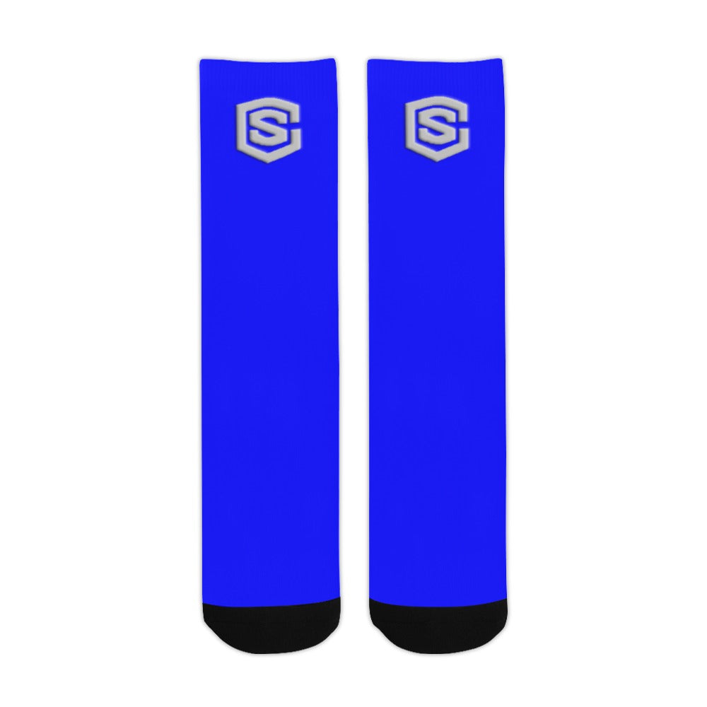 Blue Sublimated Crew Socks (Made In USA) with Silver Logo Sublimated Crew Socks (Made In USA)