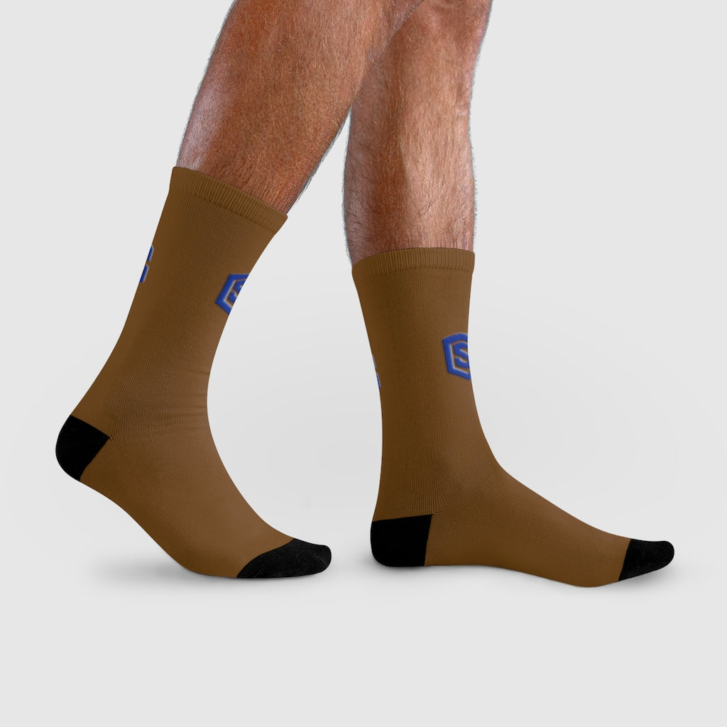 brown Sublimation Crew Socks (EU) Blue Logo