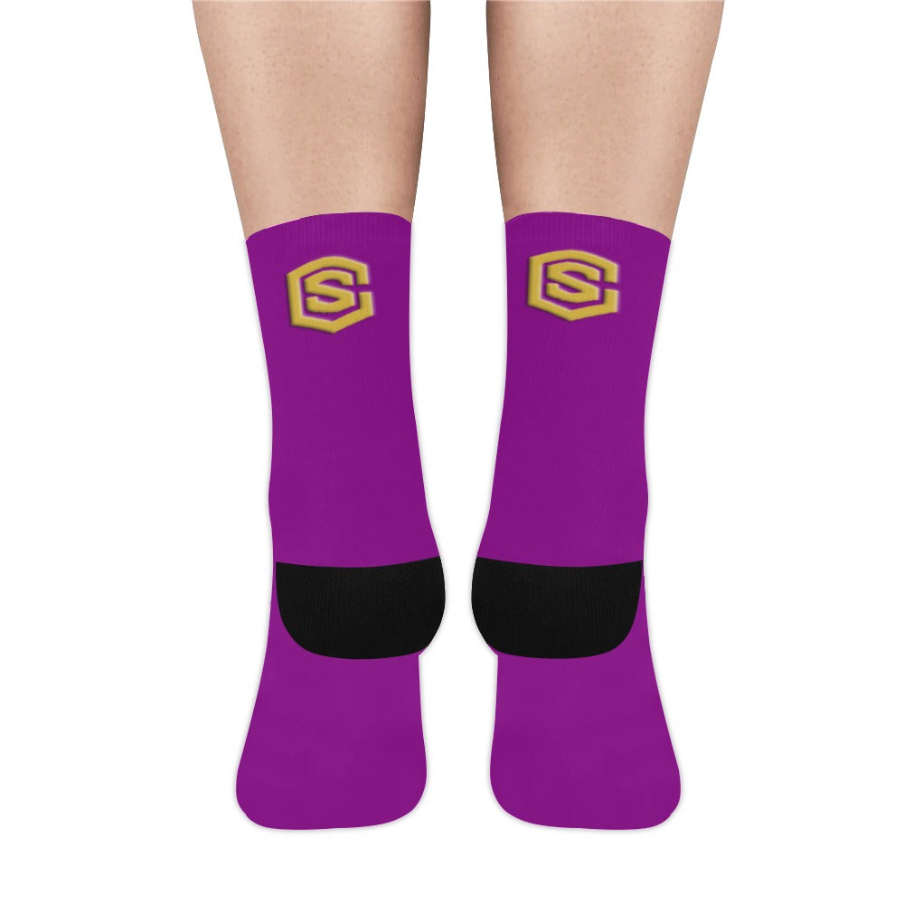 Purple Sublimated Crew Socks (Made In USA) with Gold Logo Sublimated Crew Socks (Made In USA)