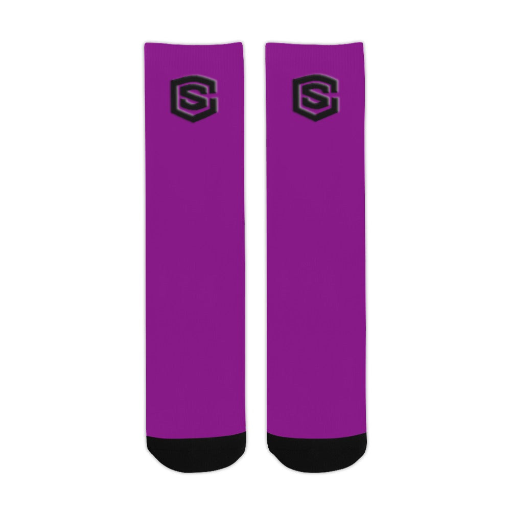 Purple Sublimated Crew Socks (Made In USA) with Black Logo Sublimated Crew Socks (Made In USA)