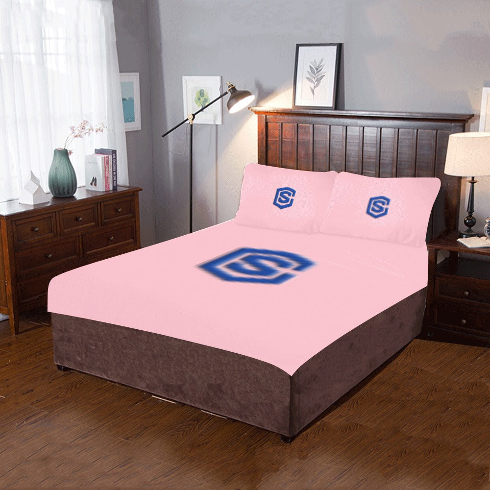Pink 3-Piece Bedding Set (1 Duvet Cover 86"x70"; 2 Pillowcases 20"x30")(One Side) wtih Blue Logo 3-Piece Bedding Set (1 Duvet Cover 86"x70"; 2 Pillowcases 20"x30")(One Side)