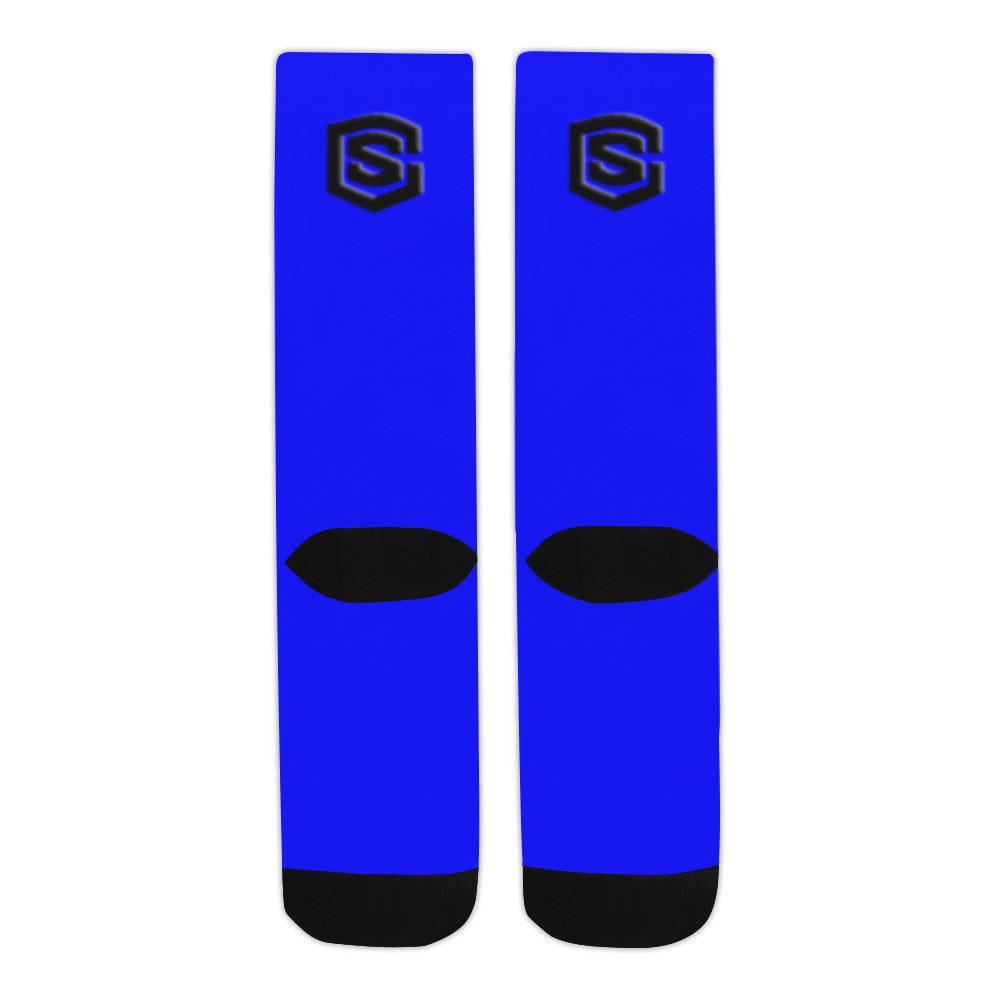 Blue Sublimated Crew Socks (Made In USA) with Black Logo Sublimated Crew Socks (Made In USA)