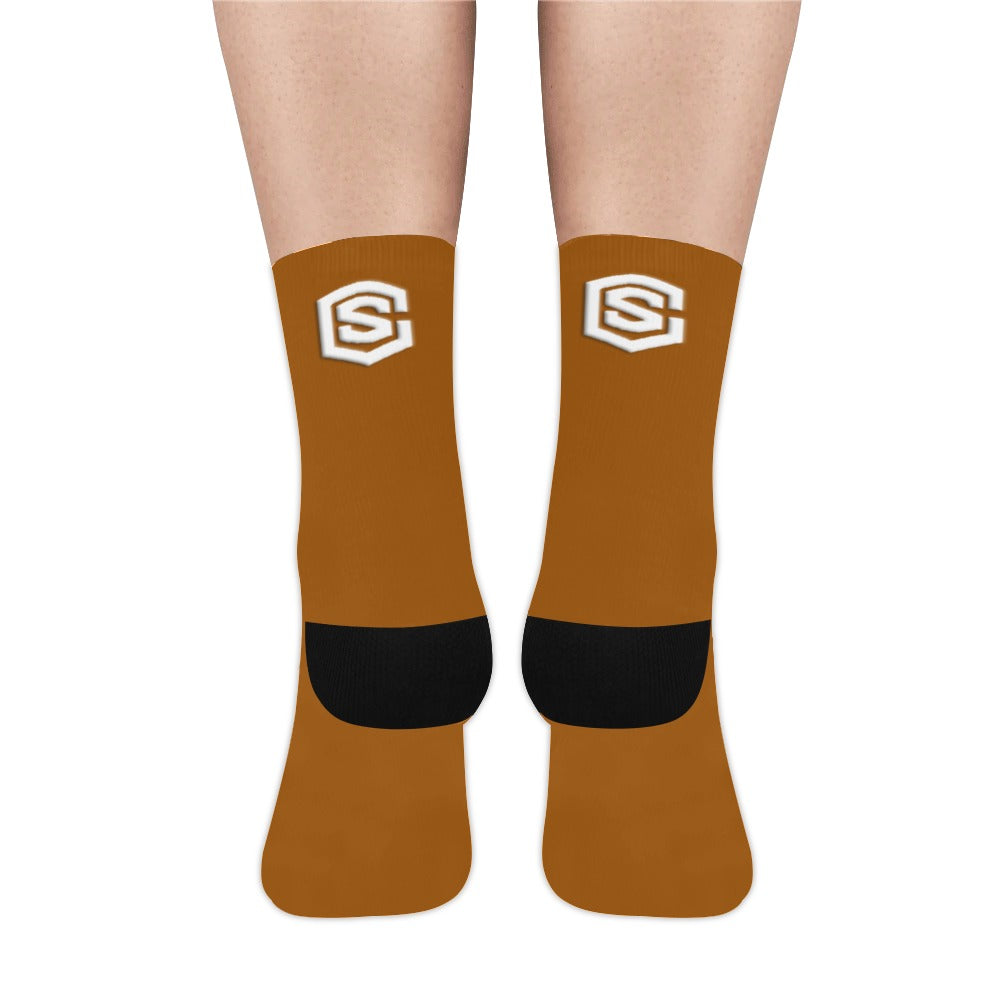 Brown Sublimated Crew Socks (Made In USA) with White Logo Sublimated Crew Socks (Made In USA)