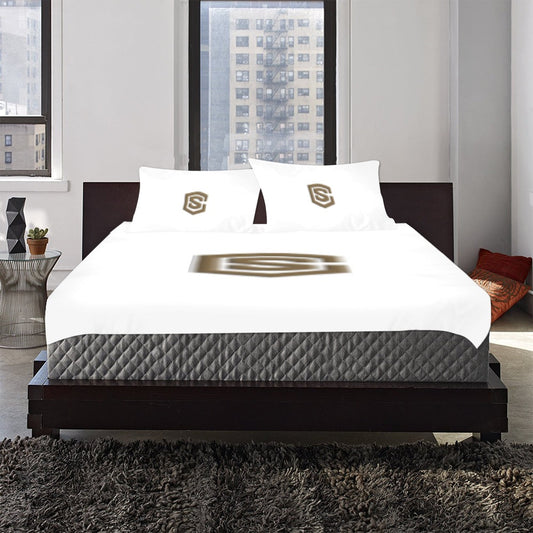 White 3-Piece Bedding Set (1 Duvet Cover 86"x70"; 2 Pillowcases 20"x30")(One Side) with Brown Logo 3-Piece Bedding Set (1 Duvet Cover 86"x70"; 2 Pillowcases 20"x30")(One Side)