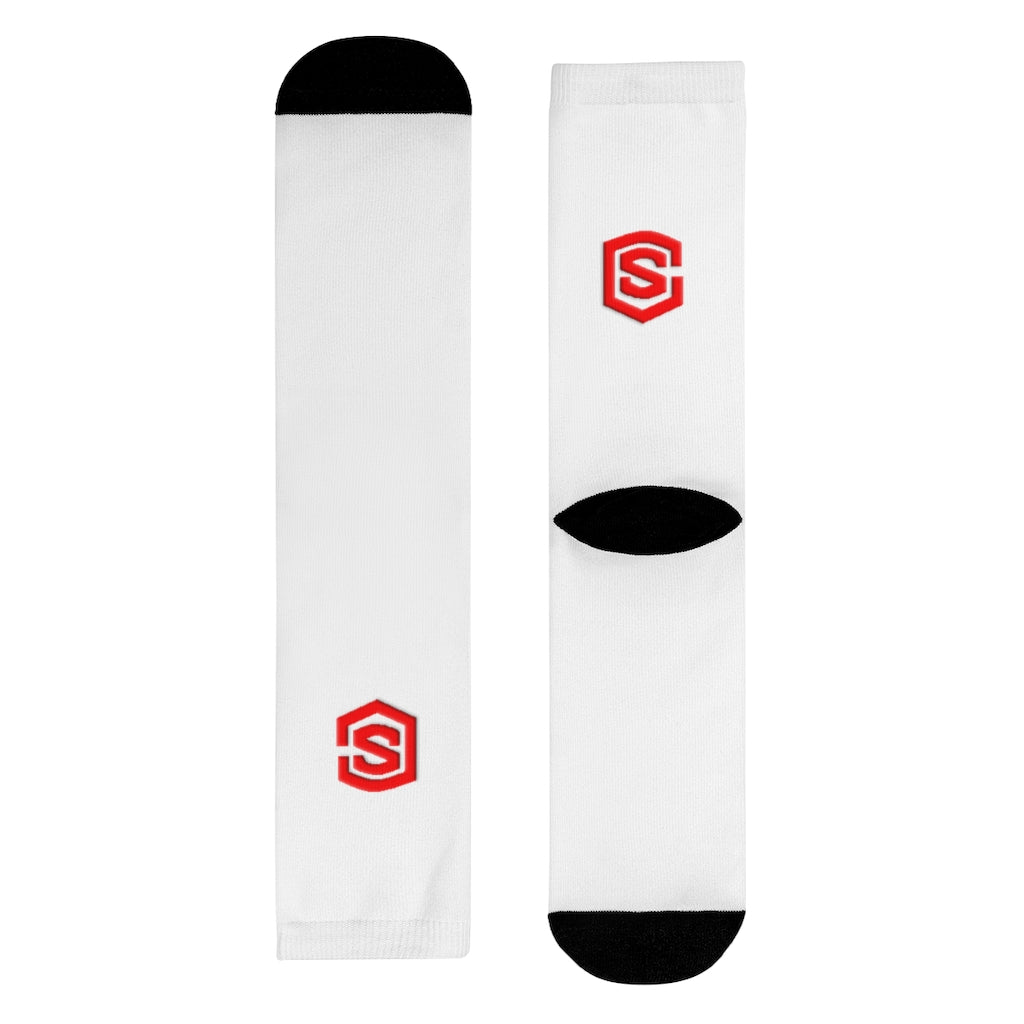 White Sublimation Crew Socks (EU) Red Logo