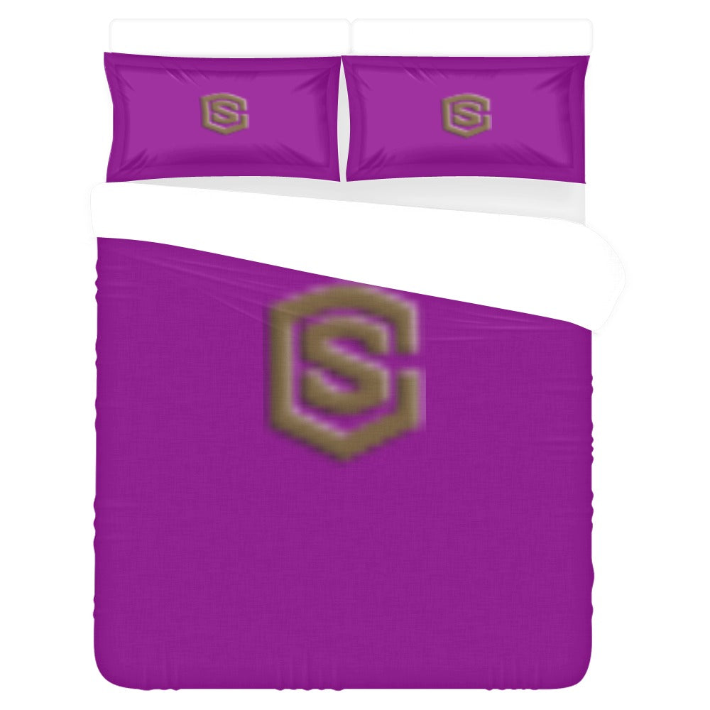 Purple 3-Piece Bedding Set (1 Duvet Cover 86"x70"; 2 Pillowcases 20"x30")(One Side) wtih Brown Logo 3-Piece Bedding Set (1 Duvet Cover 86"x70"; 2 Pillowcases 20"x30")(One Side)