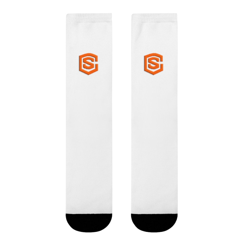 White Sublimation Crew Socks (EU) Orange Logo