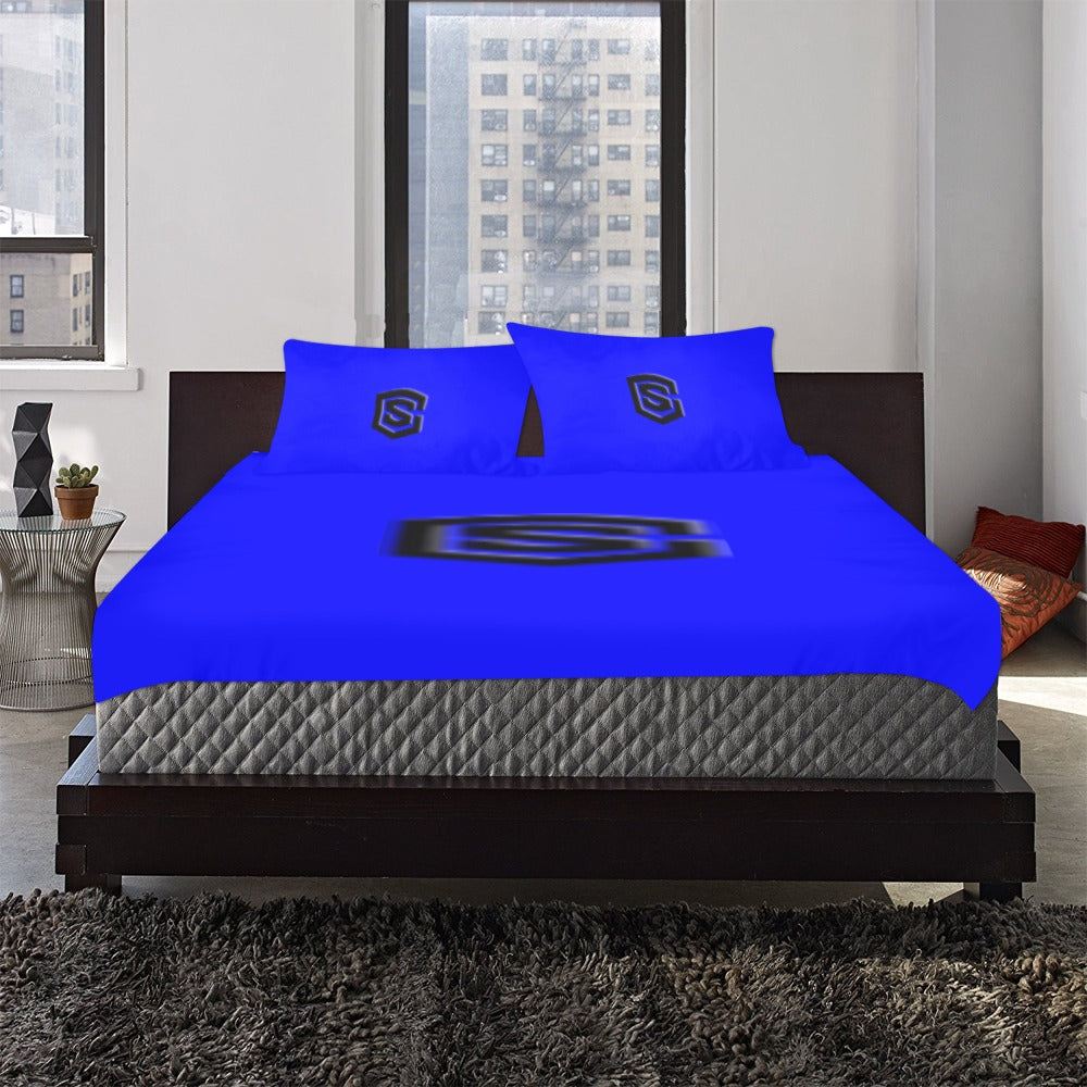 Blue 3-Piece Bedding Set (1 Duvet Cover 86"x70"; 2 Pillowcases 20"x30")(One Side) wtih Black Logo 3-Piece Bedding Set (1 Duvet Cover 86"x70"; 2 Pillowcases 20"x30")(One Side)
