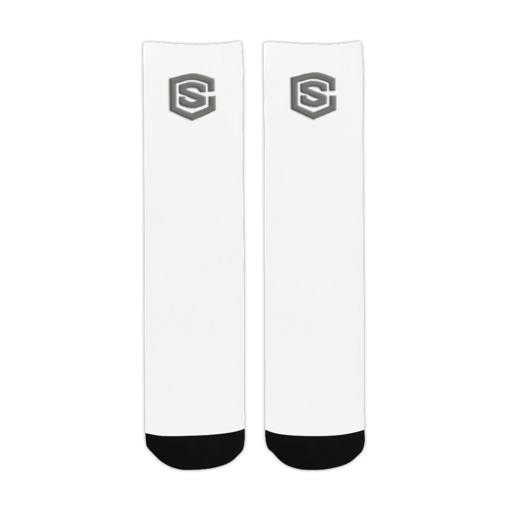 White Sublimated Crew Socks (Made In USA) with Gray Logo Sublimated Crew Socks (Made In USA)