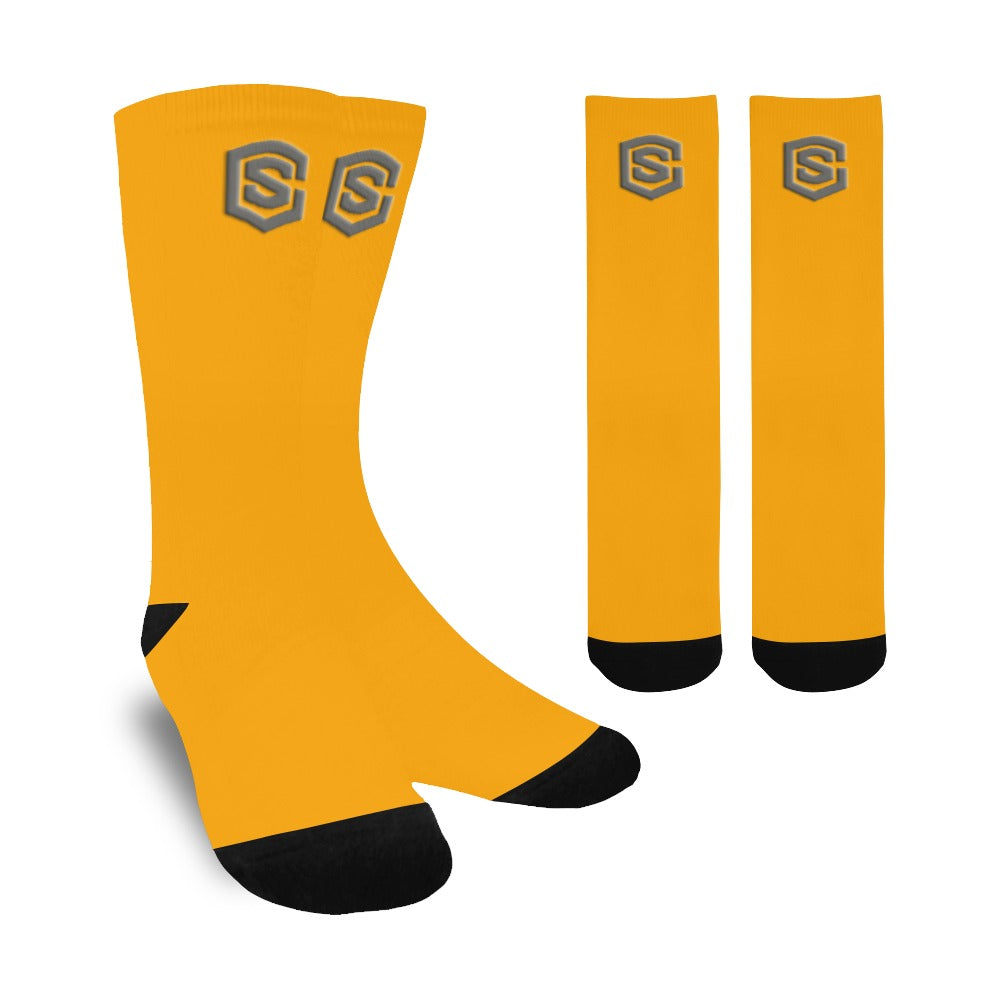 Orange Sublimated Crew Socks (Made In USA) with Gray Logo Sublimated Crew Socks (Made In USA)
