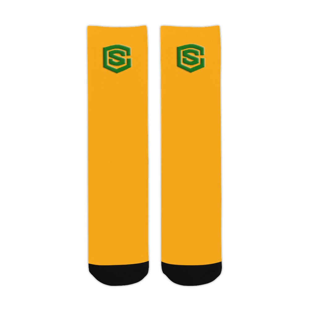 Orange Sublimated Crew Socks (Made In USA) with Green Logo Sublimated Crew Socks (Made In USA)