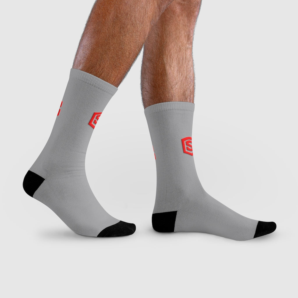Grey Sublimation Crew Socks (EU) Red Logo