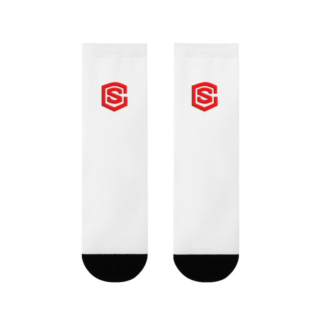 White Sublimation Crew Socks (EU) Red Logo
