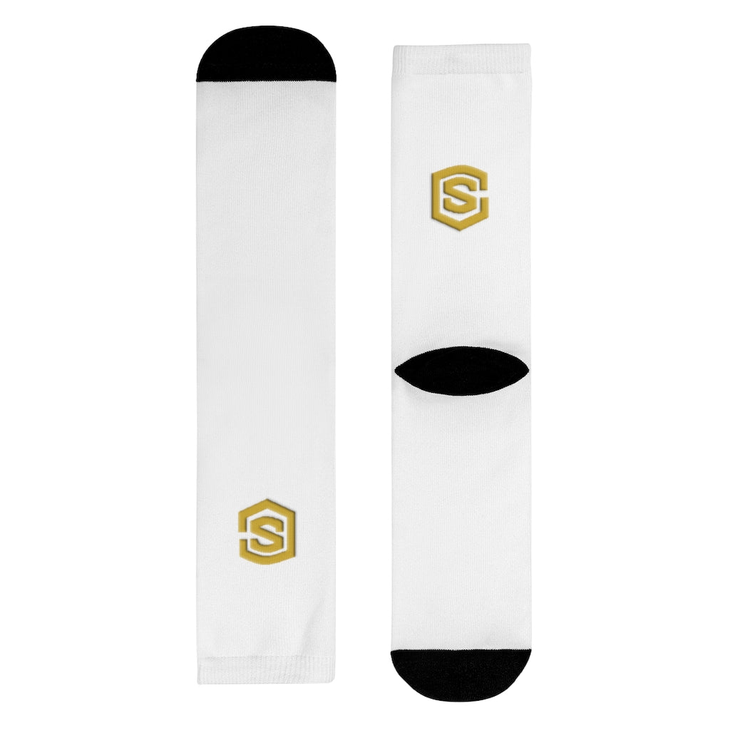 White Sublimation Crew Socks (EU) Gold Logo