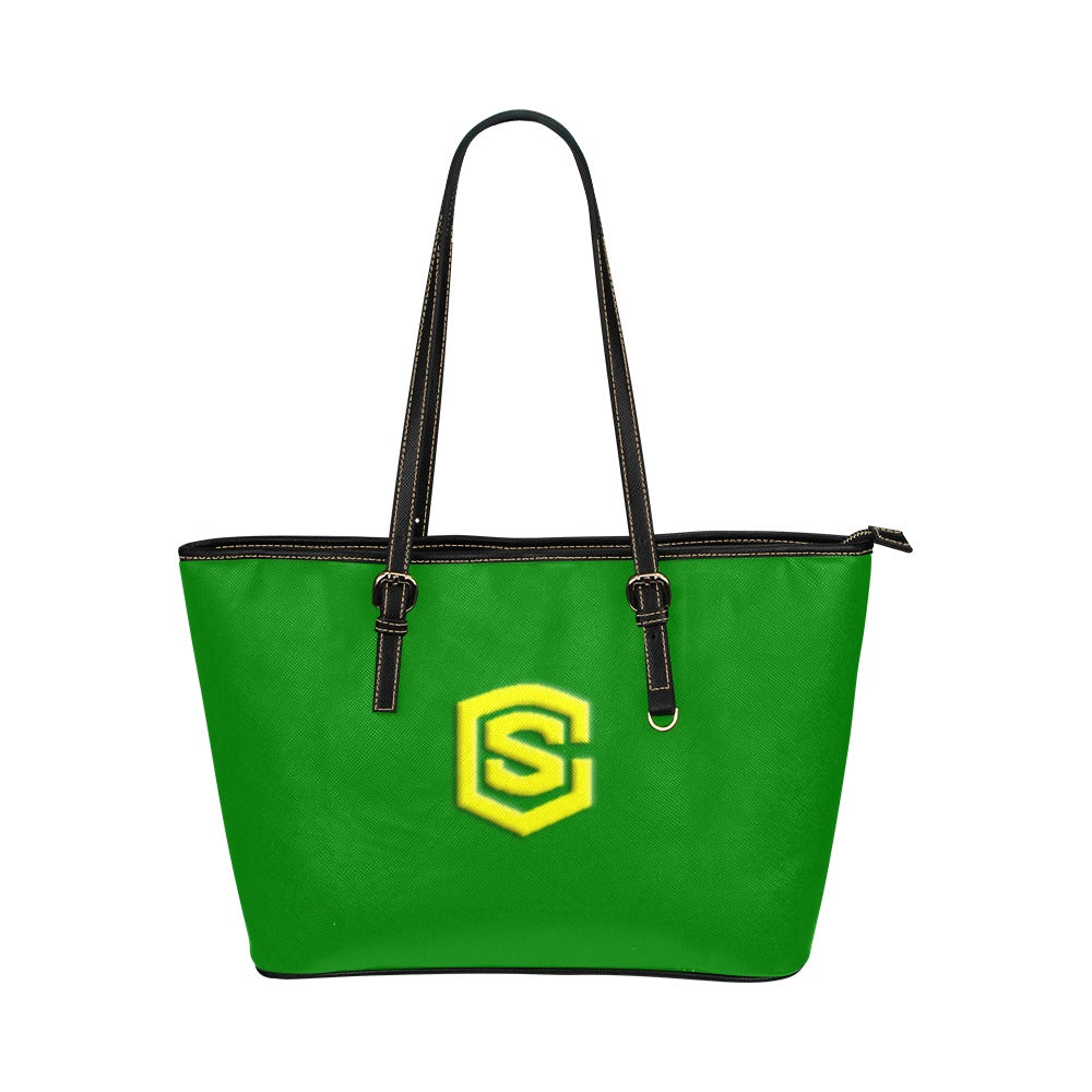 GREEN Leather Tote Bag WITH YELLOW LOGO Leather Tote Bag (Model 1651) (Big)