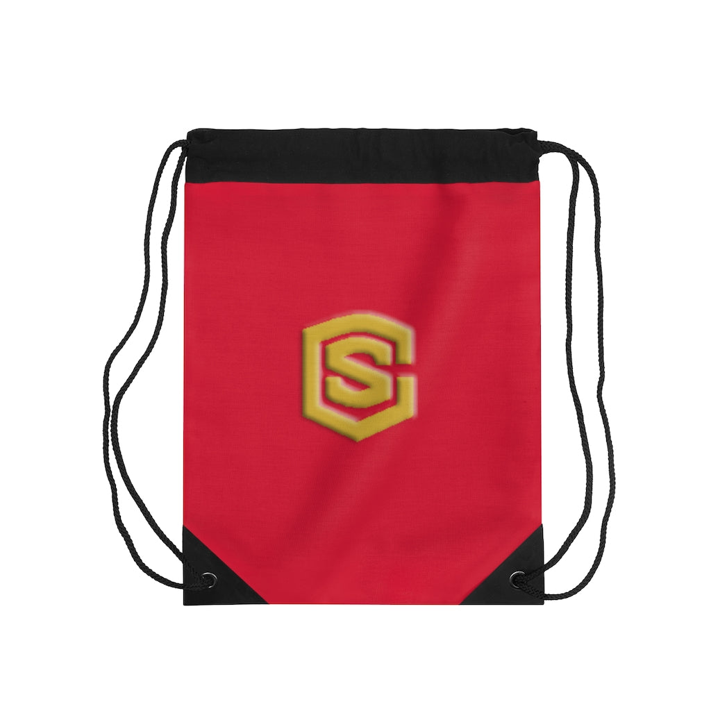 Red Drawstring Bag Gold logo
