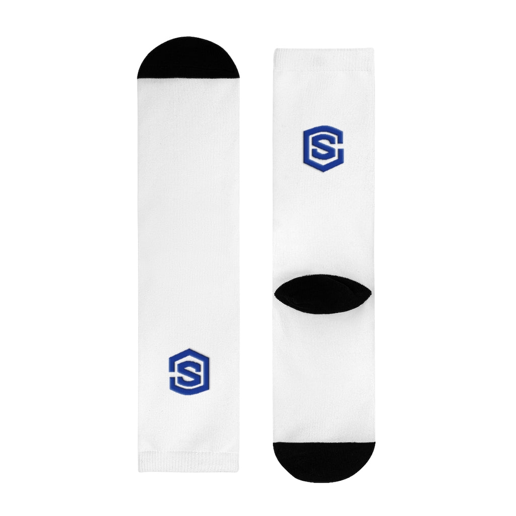 white Sublimation Crew Socks (EU) Blue Logo
